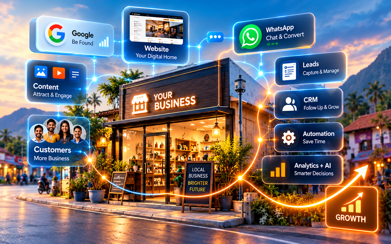 Concept illustration of a local business connected to Google, a website, വാട്സ്ആപ്പ്, customer leads, CRM, automation and growth tools